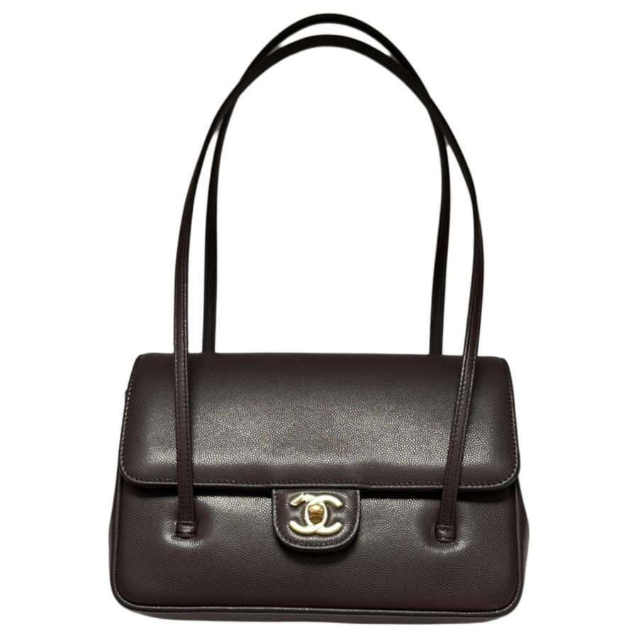 CHANEL Grain Embossed Shiny Calfskin & Gold Metal Flap Bag Shoulder Bag Small Women's Dark Brown