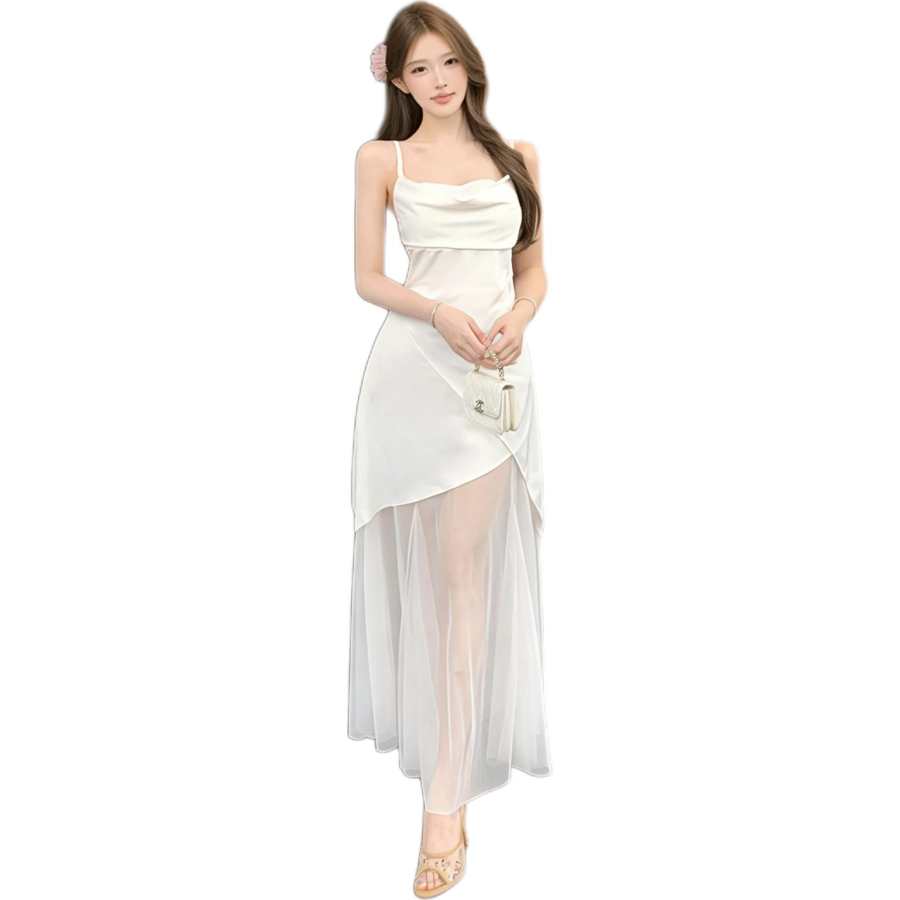 JBBCN Slip Dresses Women's White Boat Neck Thin Long