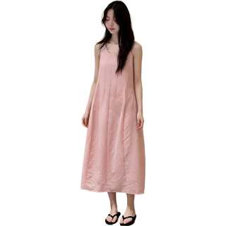 Cotton Gene Slip Dresses Women's Pink V Neck Thin Long
