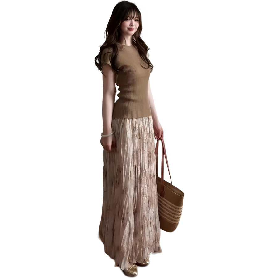 Cotton Gene Two Piece Skirt Sets Women's Crew Neck Thin Long
