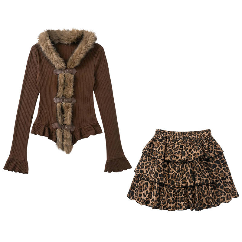 FABRIC PIG Two Piece Skirt Sets Women's Long Sleeved Top+Short Skirt V Neck Moderate Short