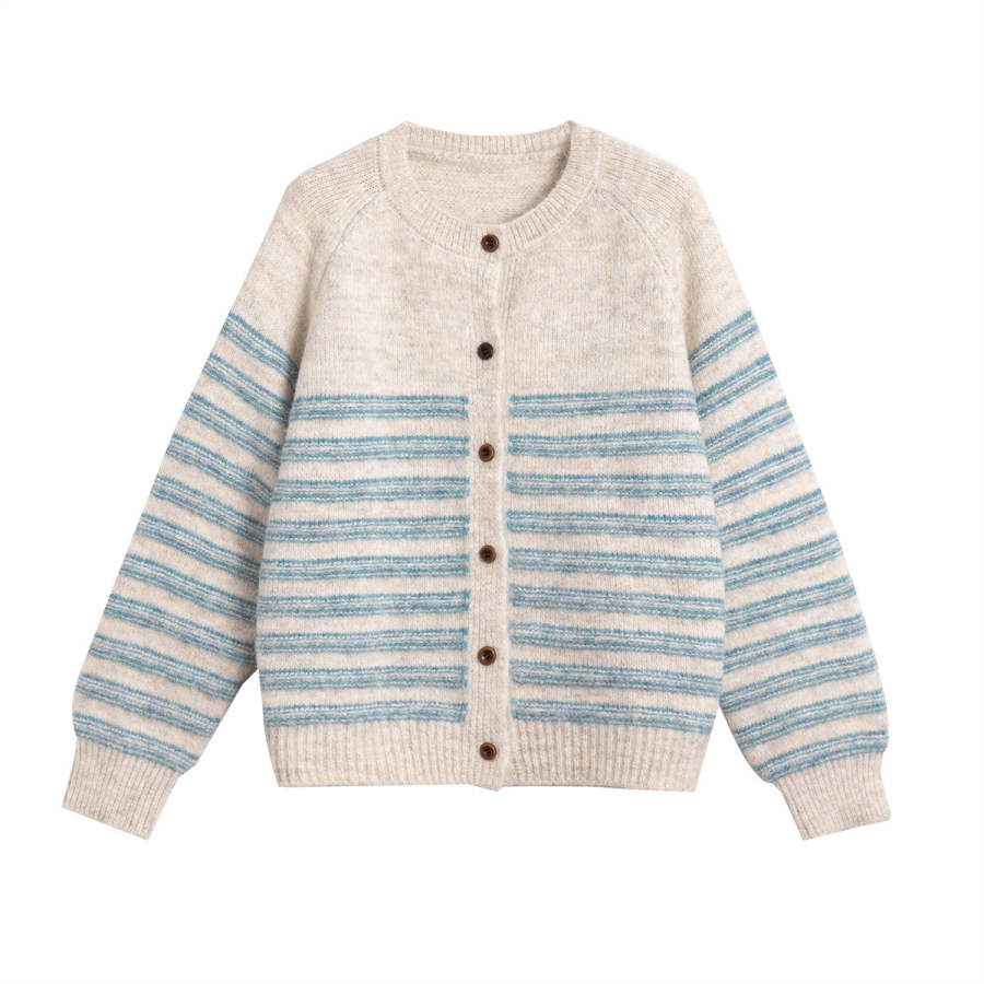 Tonlion Knitwear Women's Beige Apricot Crew Neck Moderate Cardigan