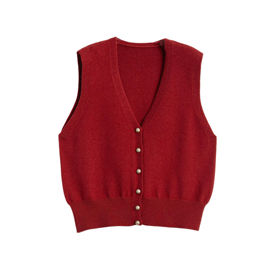 Tonlion Knitwear Women's Dark Red V Neck Moderate Cardigan