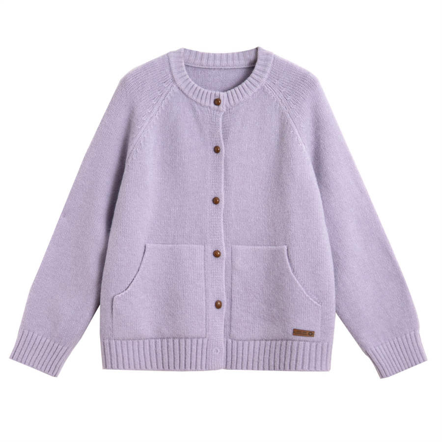 Tonlion Knitwear Women's Gray Purple Crew Neck Moderate Cardigan