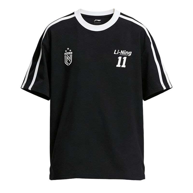 Li-Ning Li Ning T Shirts Unisex Black Crew Neck Moderate Straight Fit