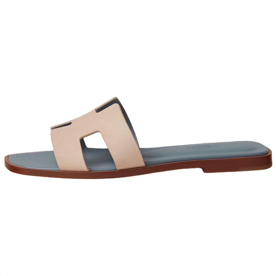 HERMES Oran Slide Slippers Women's Nude Beige & Pebble Blue