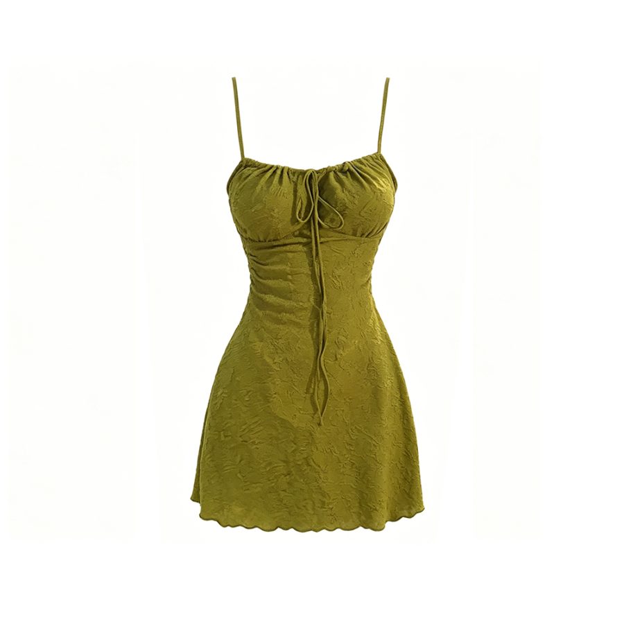 TUSHIFEI Slip Dresses Women's Green Square Collar Thin Short
