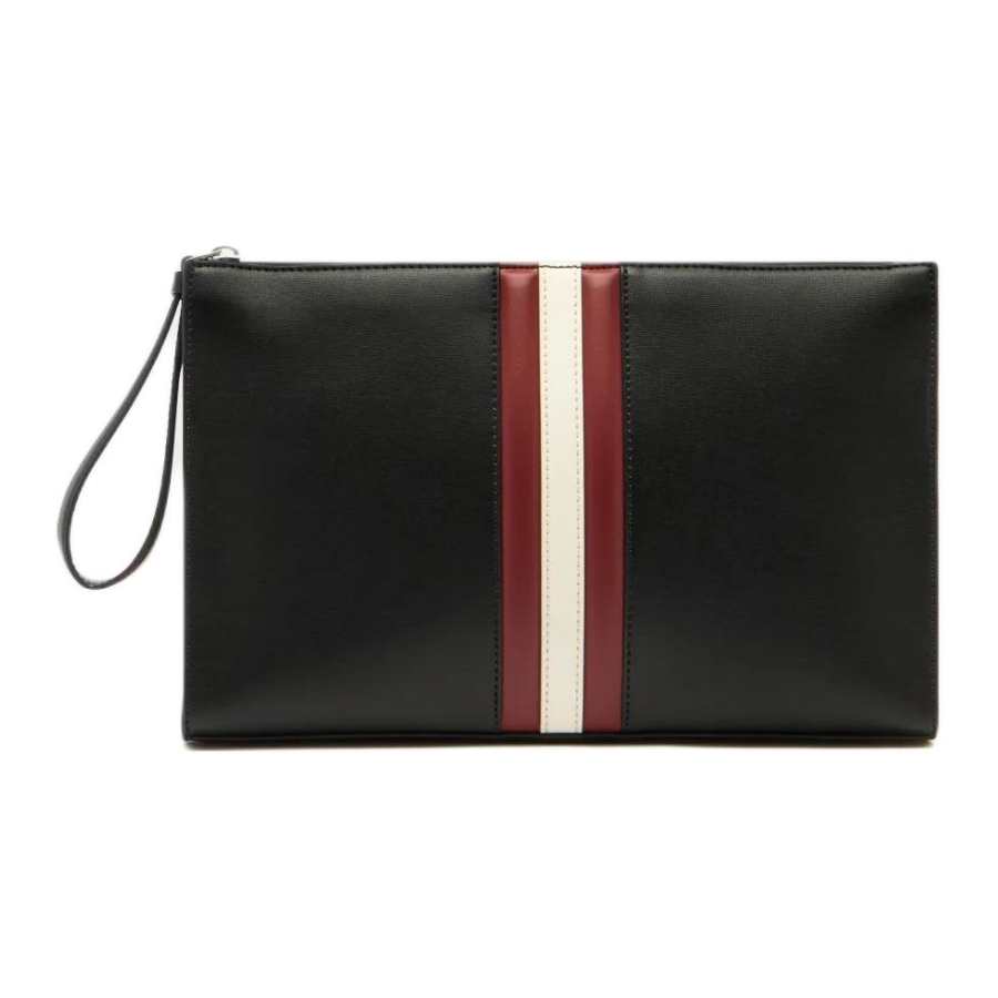 BALLY MYTHOS Recycled Cow Leather Clutch Men's Black & Red White Stripes