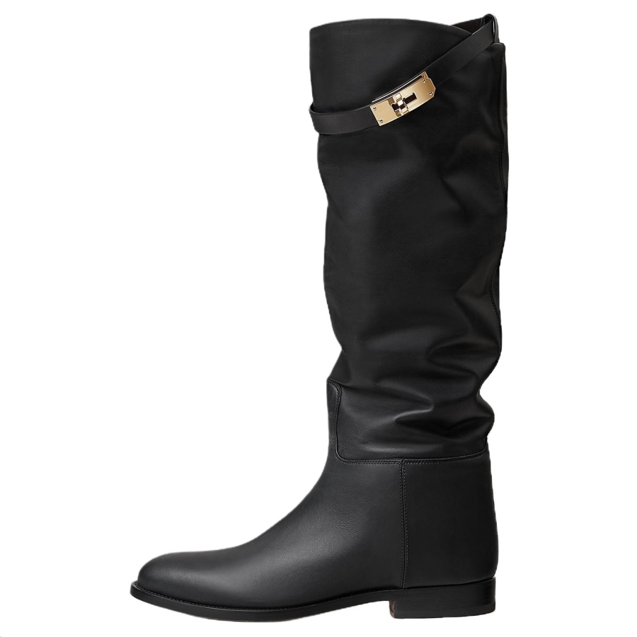 HERMES Jumping Calfskin Knee high Boots 2.5cm Women's Black