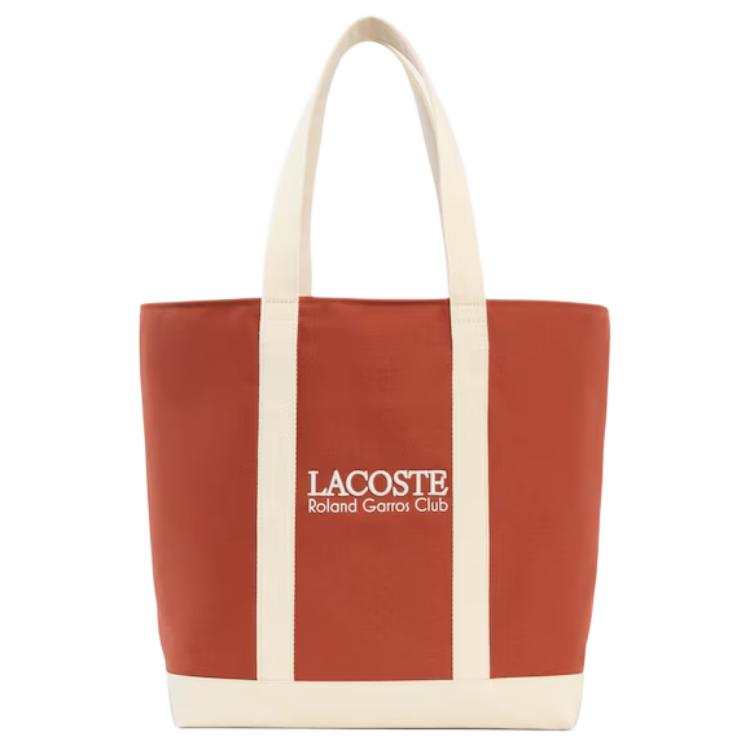 LACOSTE Cotton Tote Handbag, Shoulder Bag Women's Orange & Red & Beige & White
