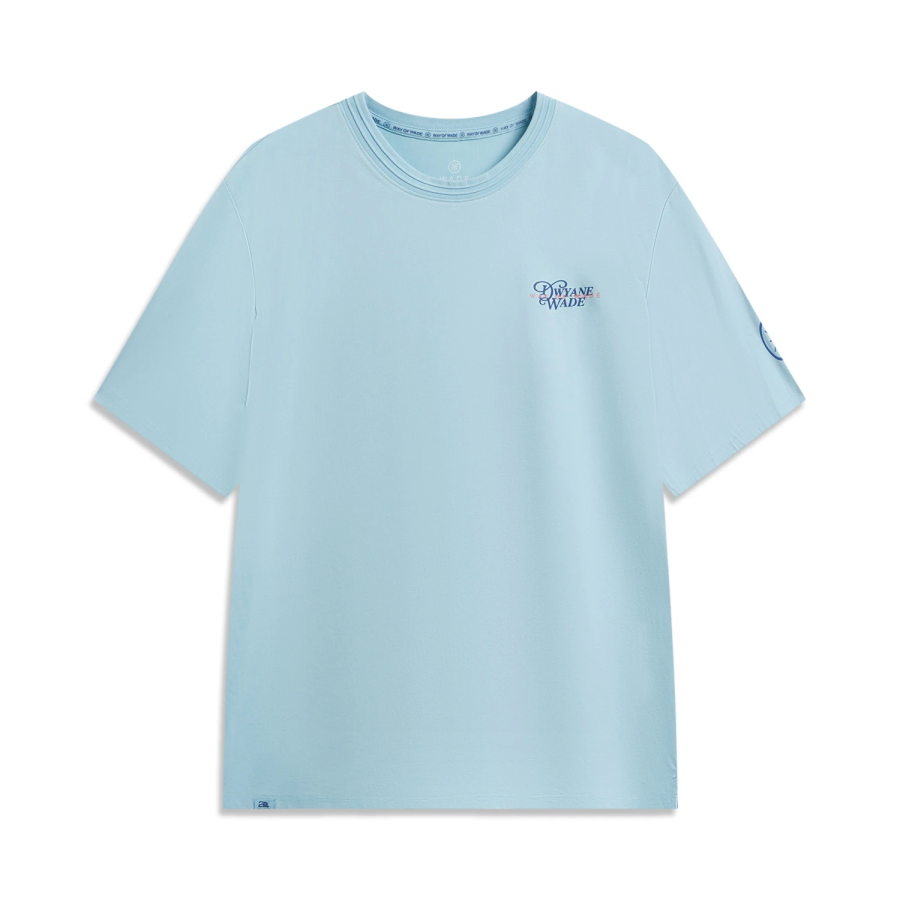Li-Ning Li Ning T Shirts Men's Ivory Blue Washed Crew Neck Moderate Straight Fit