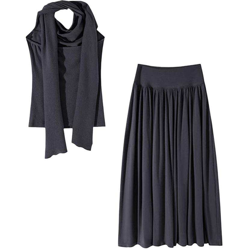 VENICEW Two Piece Skirt Sets Women's Draped Collar Thin Long