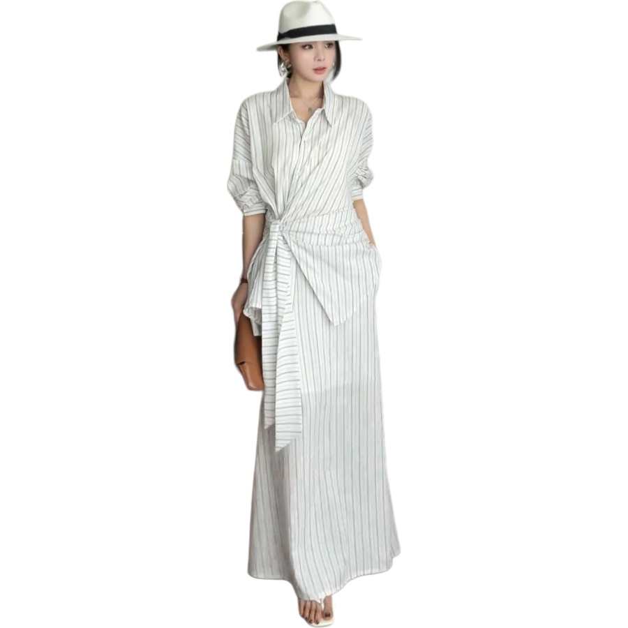 VENICEW Two Piece Skirt Sets Women's Shirt Collar Thin Long