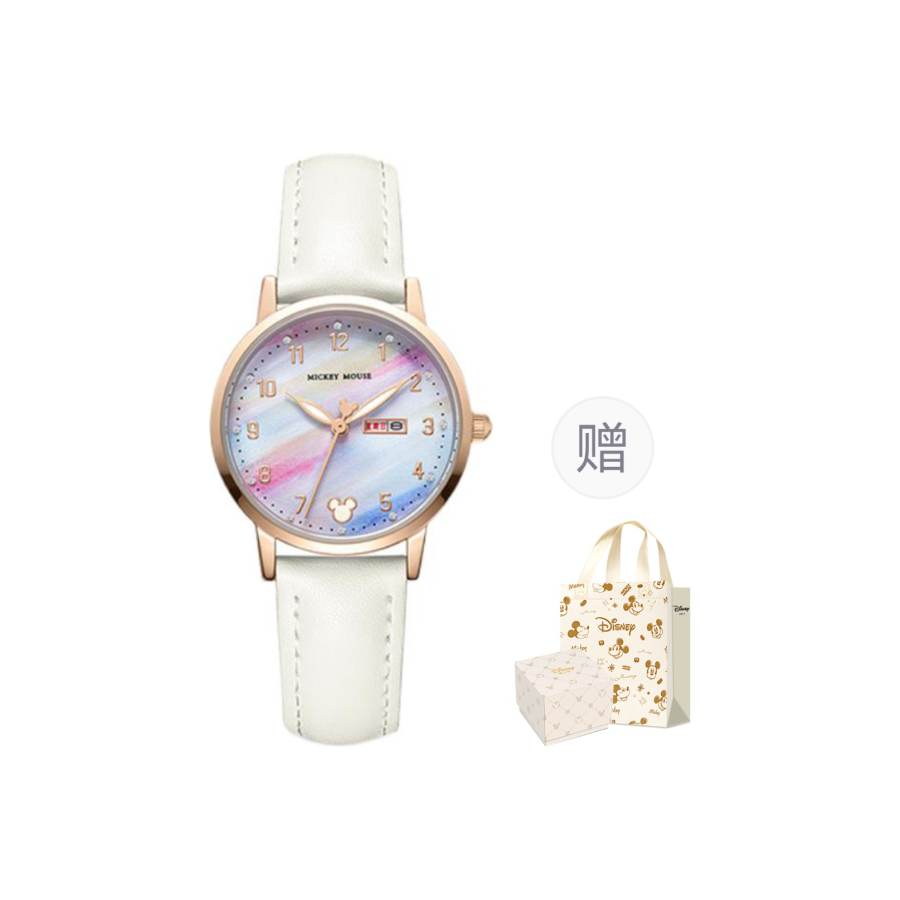 Disney 30m Waterproof Rainbow Quartz Movement Leather Strap Watch Unisex White Dial