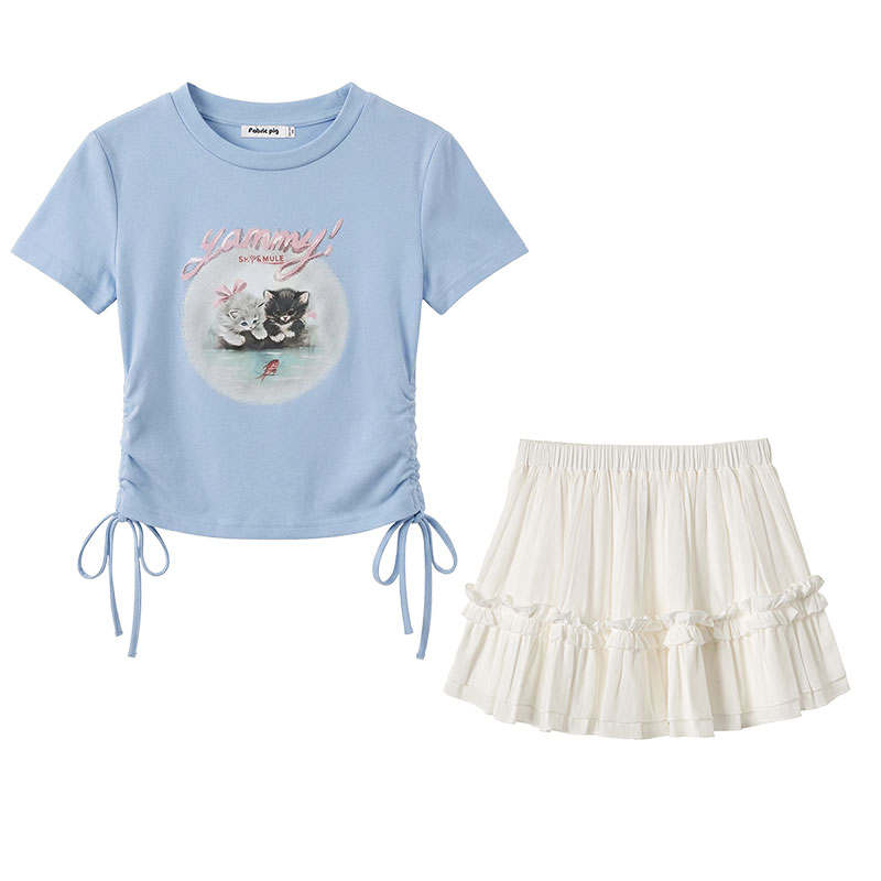 FABRIC PIG Two Piece Skirt Sets Women's Short Sleeved Top+Short Skirt Crew Neck Thin Short