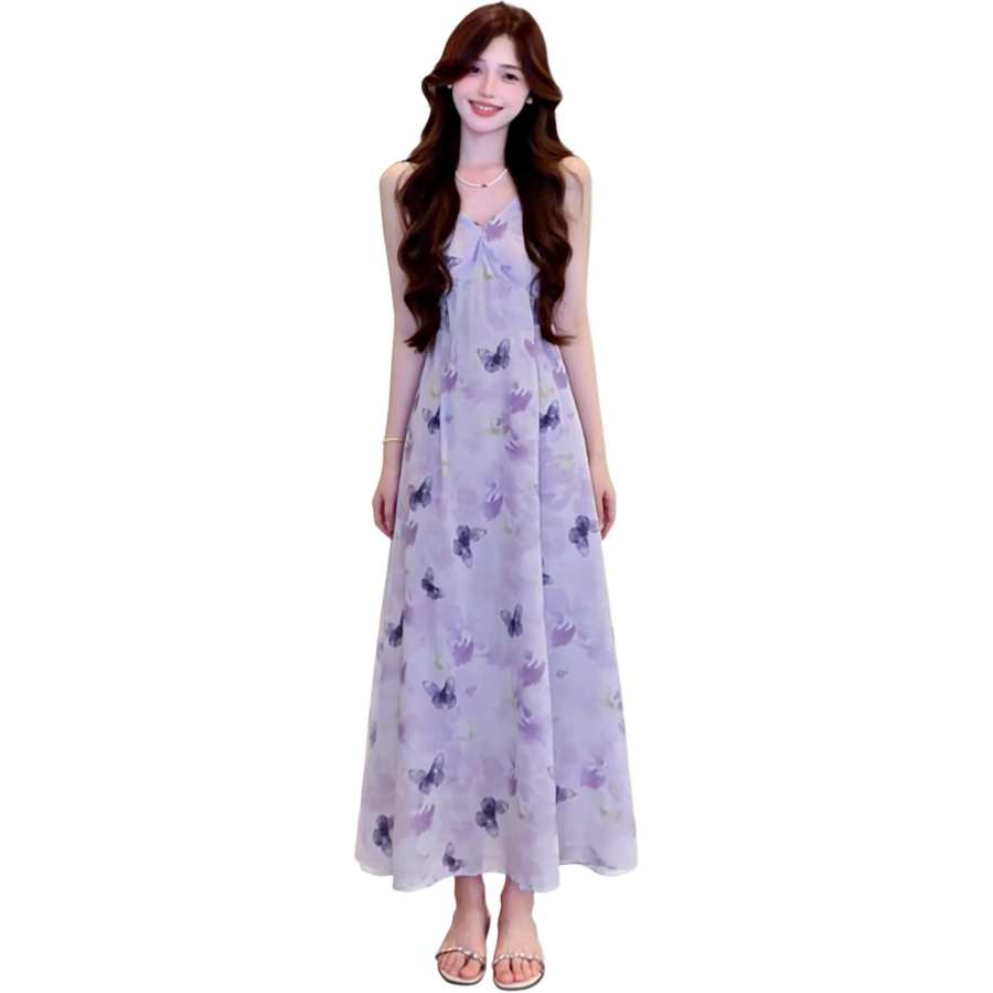 VENICEW Slip Dresses Women's Purple V Neck Moderate Long
