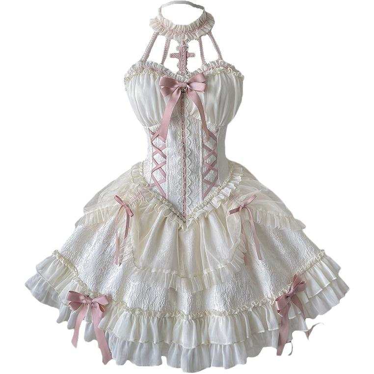 JBBCN Slip Dresses Women's Pink Skirt+3 Pcs Small Bowknot Halter Moderate Short