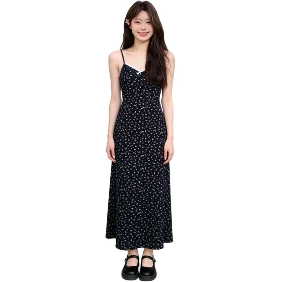 VENICEW Slip Dresses Women's Black Floral V Neck Moderate Long