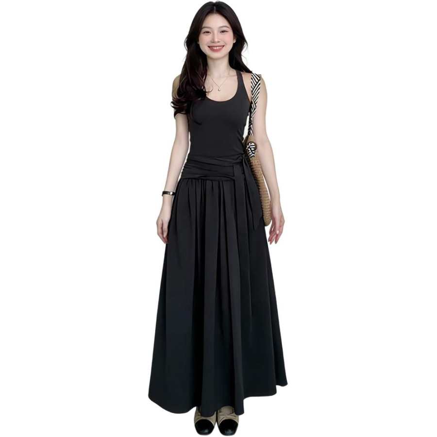 VENICEW Slip Dresses Women's Dark Gray Crew Neck Moderate Long