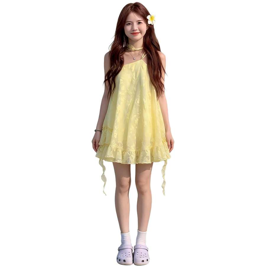 VENICEW Slip Dresses Women's Yellow Moderate Short
