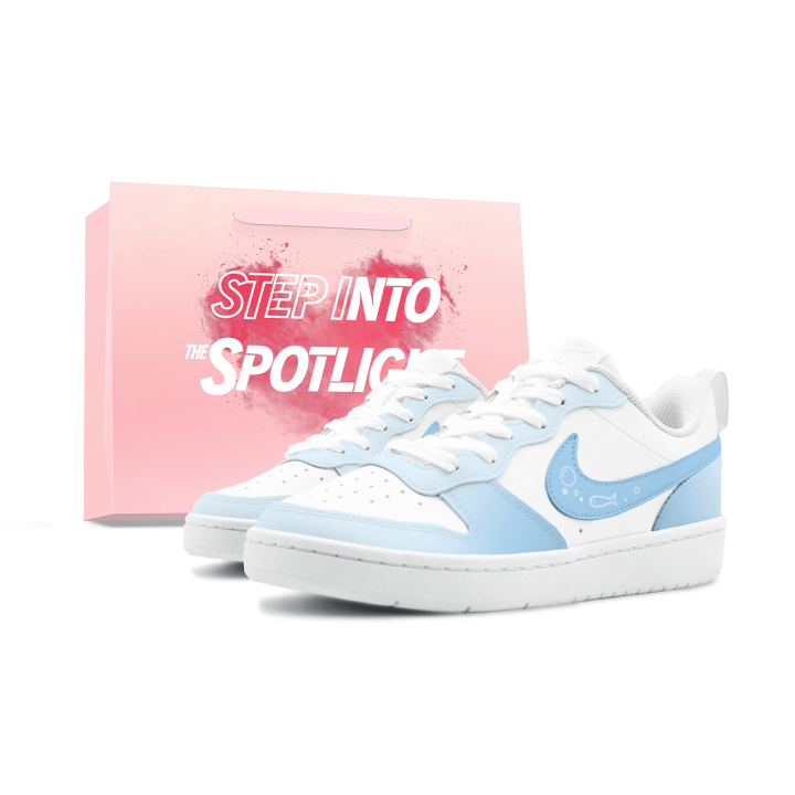Nike Nike Court Borough Yixuan, Milk Blue Bubbles Fish Leather Slip Resistant Low top Kids' Skateboarding Shoes Blue White