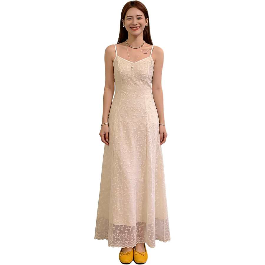 VENICEW Slip Dresses Women's Apricot V Neck Moderate Long