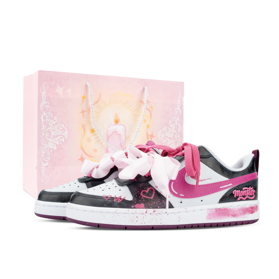 Nike Nike Court Borough 2 Monster Lab, Heartbeat Journal Low top Skateboard Shoes Unisex Black White Pink
