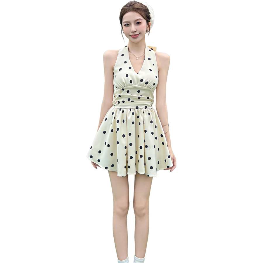 VENICEW Slip Dresses Women's White Polka Dot Halter Thin Short
