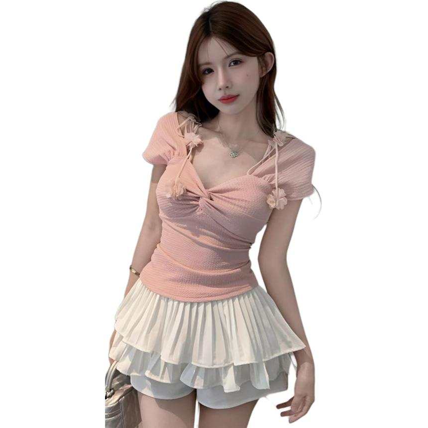 JBBCN T Shirts Women's Pink V Neck Thin Nipped In Waist
