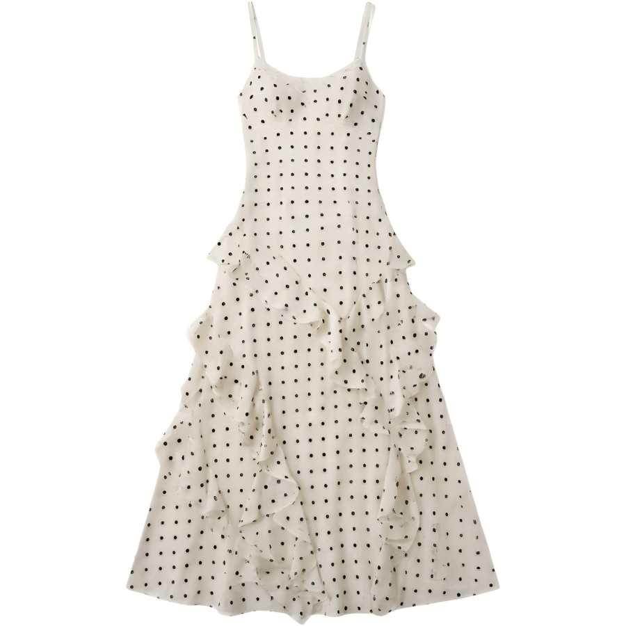 CHARM GLOW Slip Dresses Women's White Polka Dot Boat Neck Thin Long