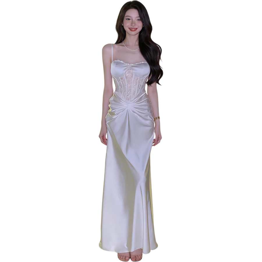 VENICEW Slip Dresses Women's White V Neck Moderate Long