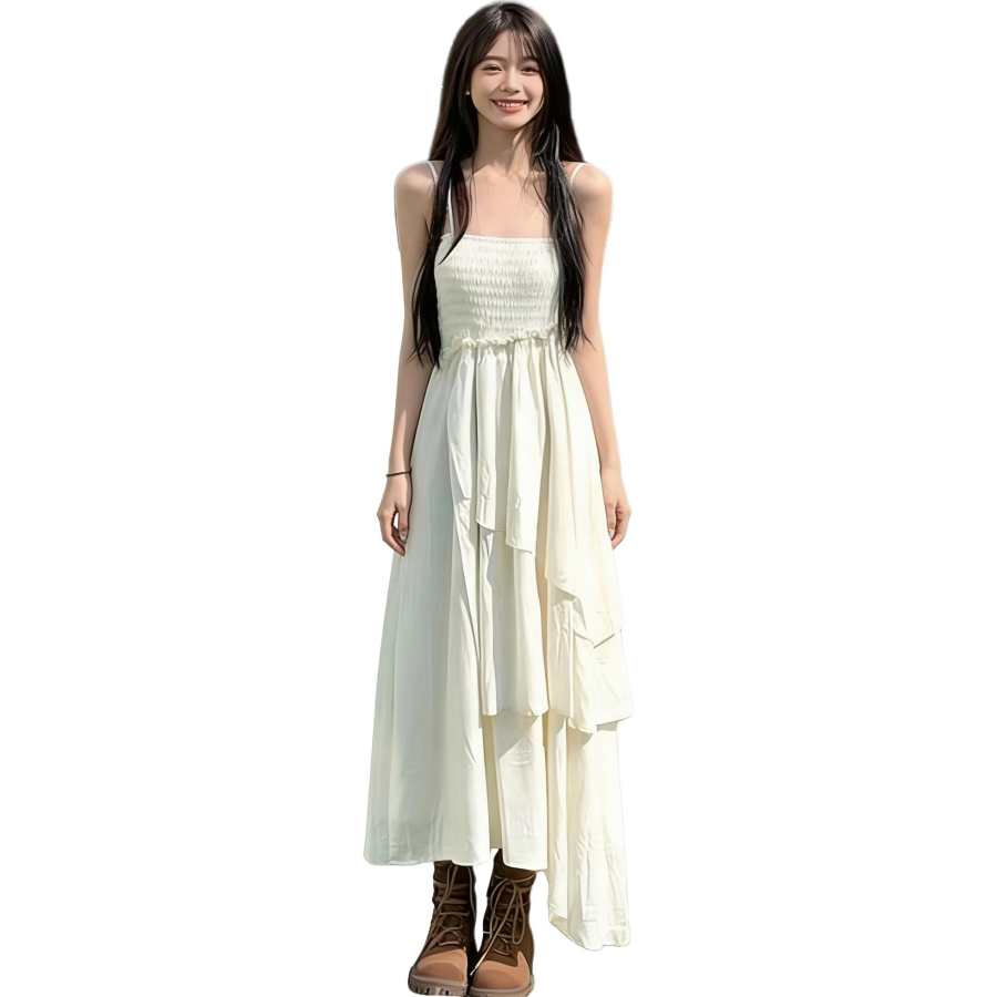 VENICEW Slip Dresses Women's Apricot Square Collar Moderate Long