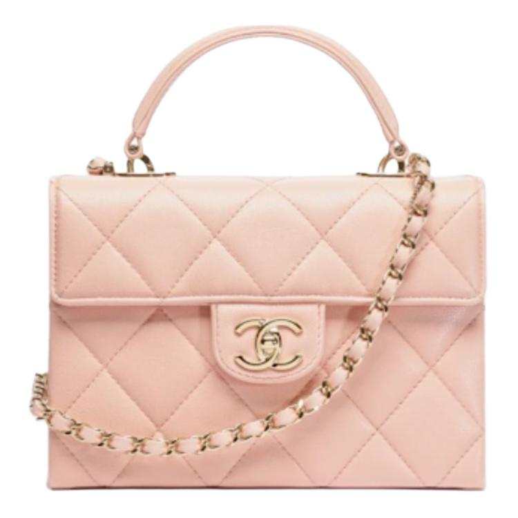 CHANEL Grain Shiny Calfskin Leather & Gold Metal Handbag Small Women's Pink