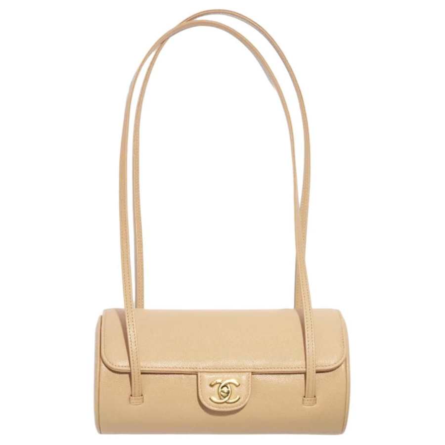 CHANEL Grain Embossed Shiny Calfskin & Gold Metal Handbag, Shoulder Bag Small Women's Dark Beige