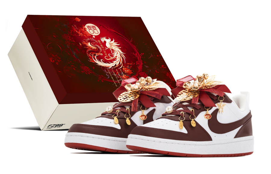 Nike Nike Court Borough Box, Wedding Shoes GS Auspicious Dragon And Phoenix Low top Skateboard Shoes Women's Red White