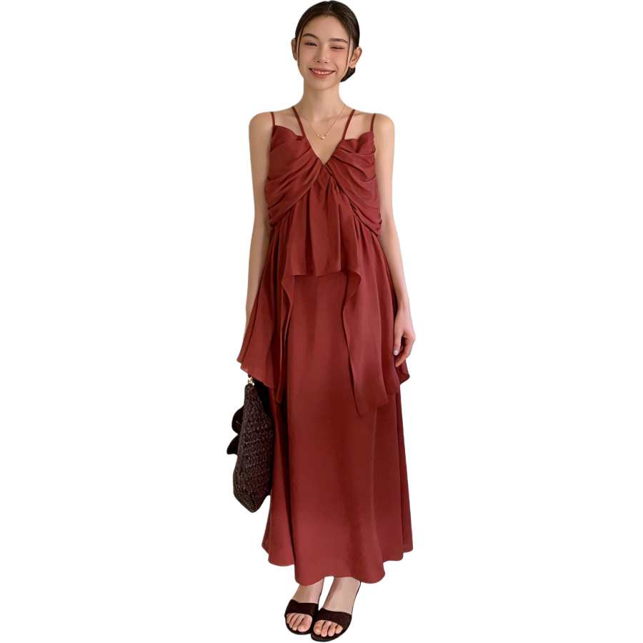 VENICEW Slip Dresses Women's V Neck Moderate Long