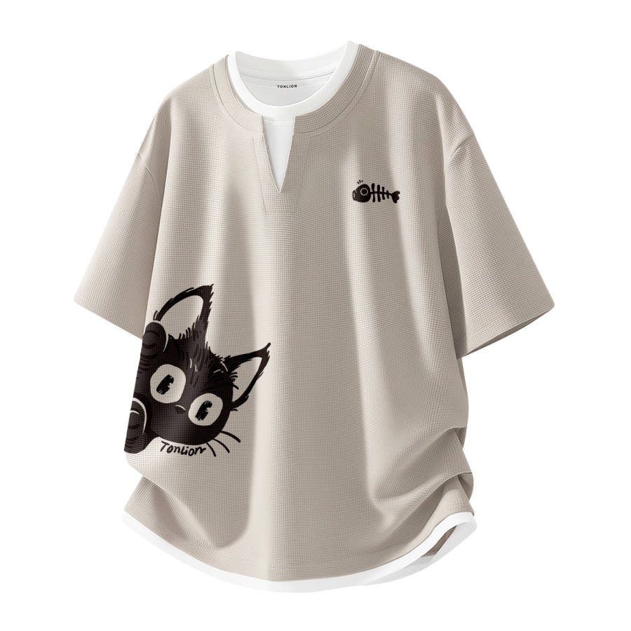 Tonlion T Shirts Unisex V Neck Moderate Mock Two Piece