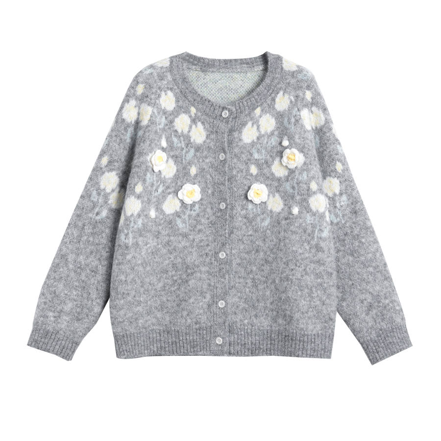 Tonlion Knitwear Women's Light Heather Gray Crew Neck Moderate Cardigan