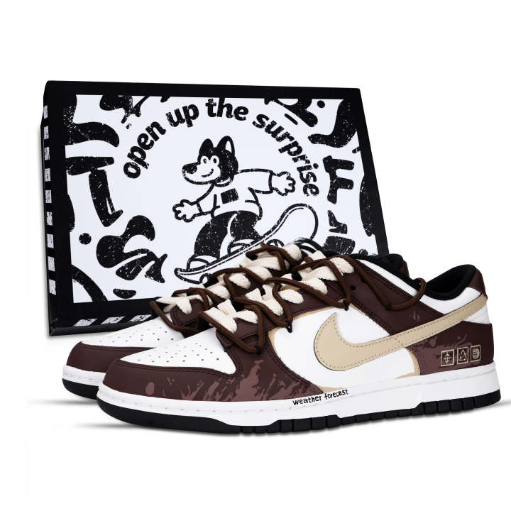 Nike Nike Dunk Black White, Vintage Brown Rhythm Leather Abrasion Resistant Slip Resistant Low top Skateboard Shoes Unisex