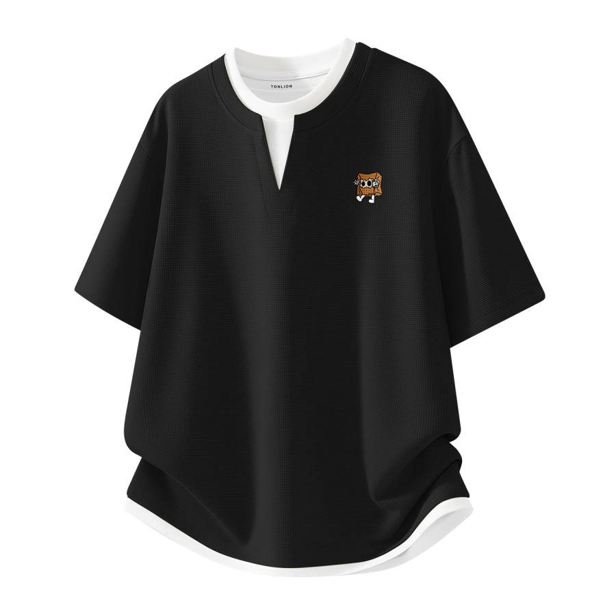 Tonlion T Shirts Unisex V Neck Moderate Mock Two Piece