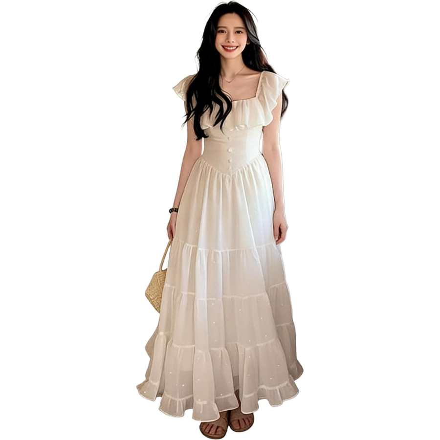 JBBCN Sleeveless Dresses Women's White Square Collar Moderate Long