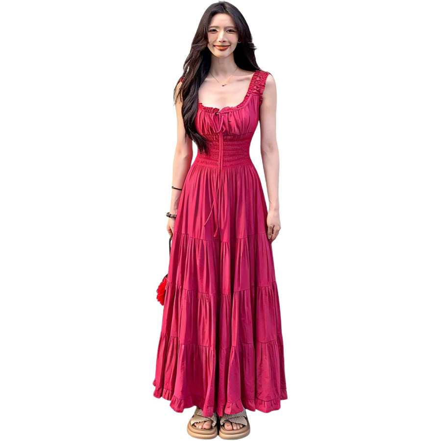 JBBCN Sleeveless Dresses Women's Rose Red Square Collar Moderate Long