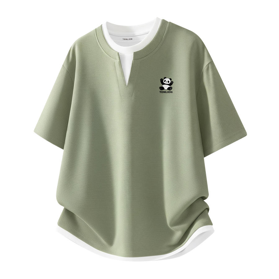 Tonlion T Shirts Unisex V Neck Moderate Mock Two Piece