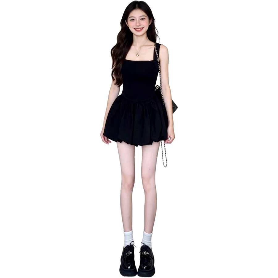 VENICEW Slip Dresses Women's Black Square Collar Moderate Short