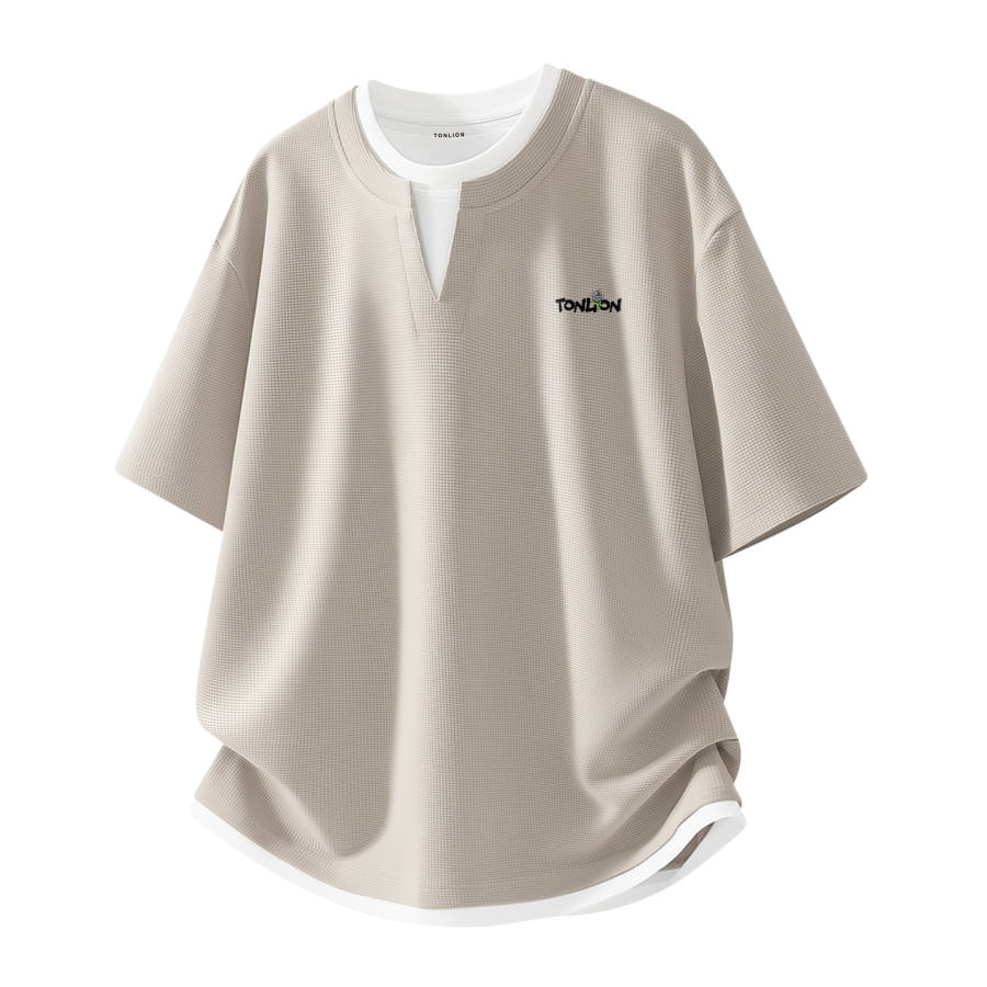 Tonlion T Shirts Unisex V Neck Moderate Mock Two Piece