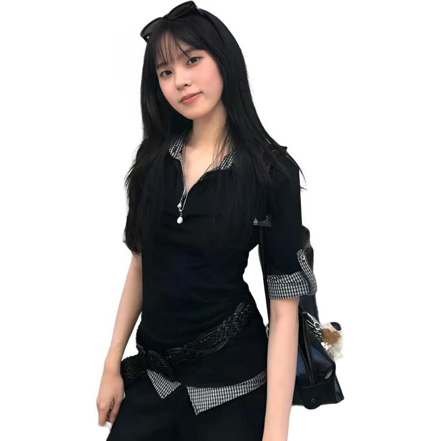 Cotton Gene T Shirts Women's Black Polo Collar Moderate Nipped In Waist