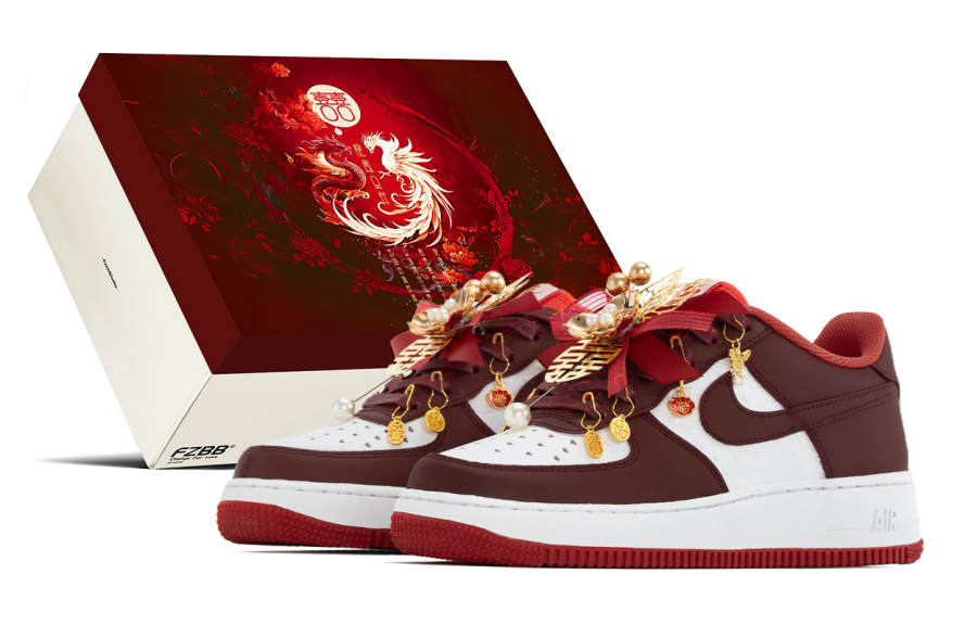 Nike Nike Air Force 1 Box, Wedding Shoes, Auspicious Dragon And Phoenix Low top Skateboard Shoes Women's Red White