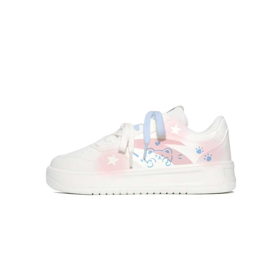 Anta Stars Bear Pink Blue, Niche, Campus Style Couple, White Sneakers Synthetic Leather