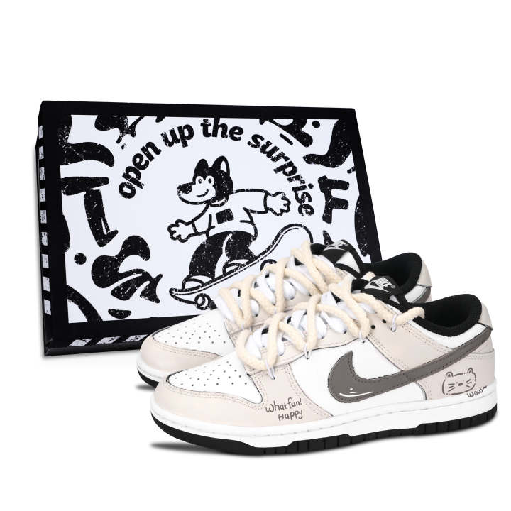 Nike Nike Dunk Black White, Milk Gray Cute Cat Leather Abrasion Resistant Slip Resistant Low top Skateboard Shoes Unisex