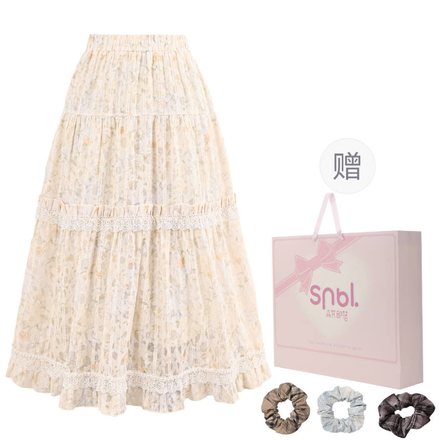 SNBL Casual Long Skirts Women's Beige Yellow Moderate Long A Line Skirt